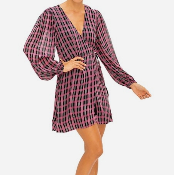 Ganni Georgette Check Long sleeve crepe wrap dress SZ 40 - Picture 5 of 16